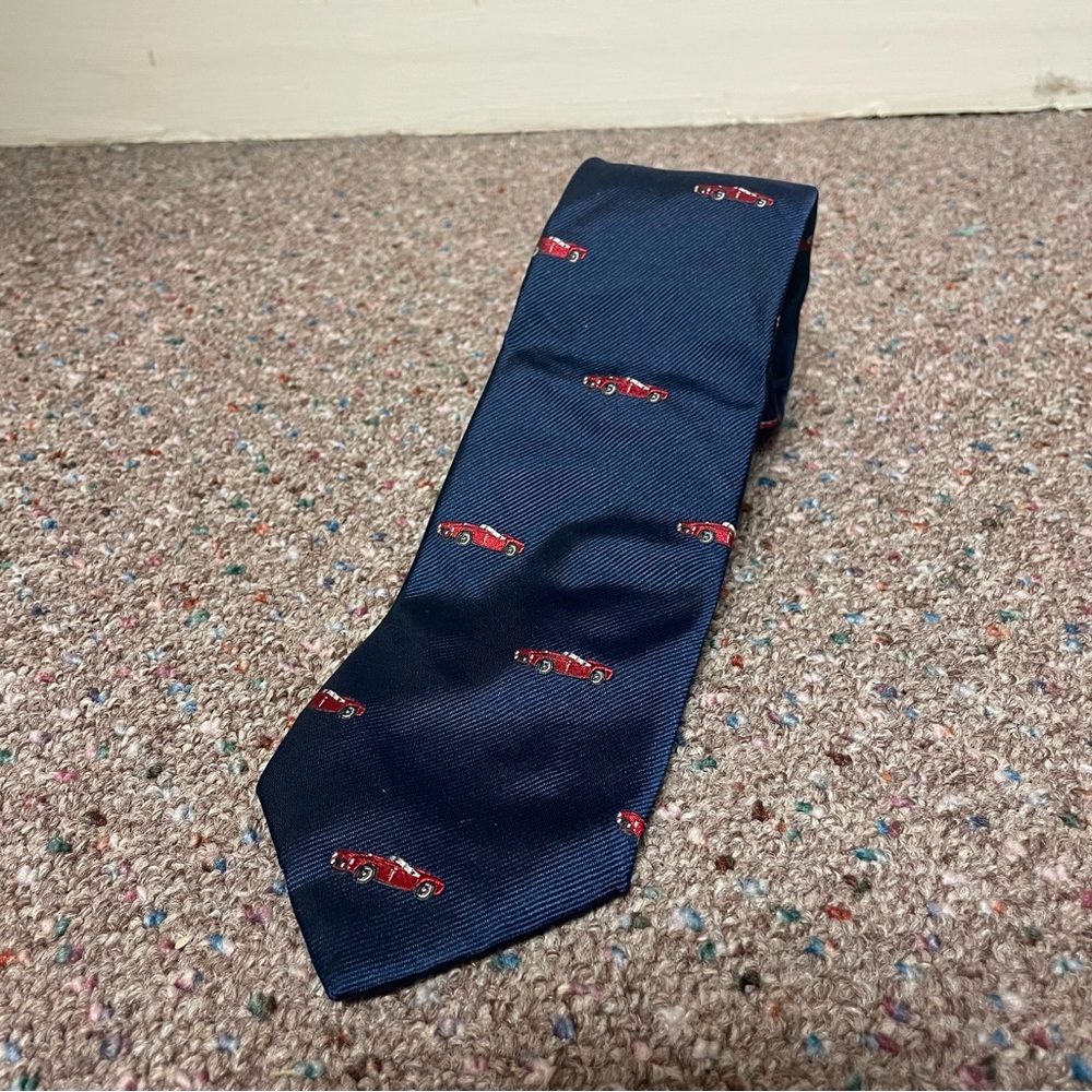 J. Crew Men’s Neck Tie Blue Classic Cars 100% Silk Made In USA Automobile Skinny